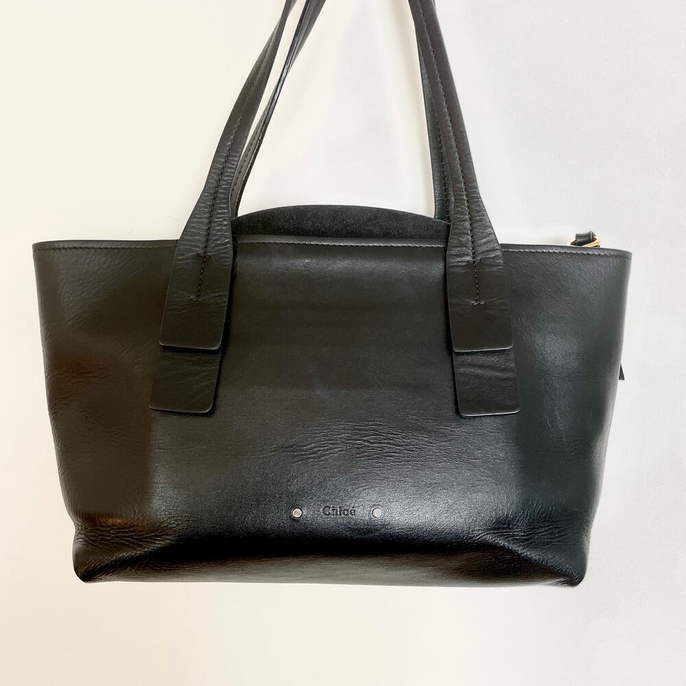 Chloe Shiny Black Leather C Zip Top Shopper Tote Shoulder Bag Carryall Small - Picture 5 of 11